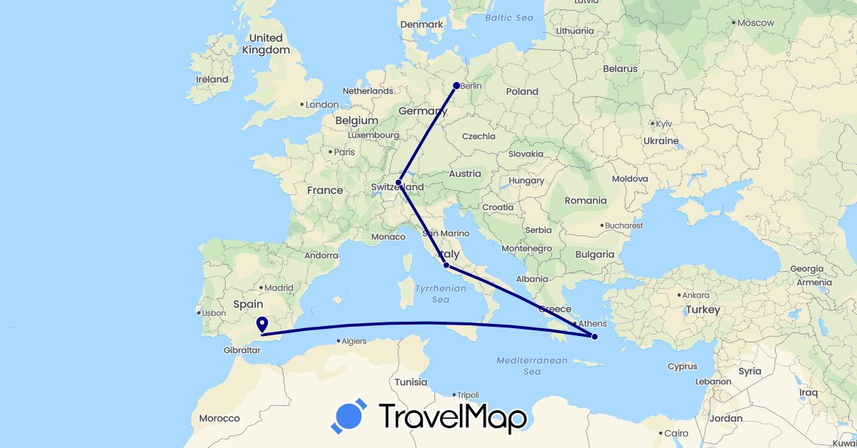 TravelMap itinerary: driving in Switzerland, Germany, Spain, Greece, Italy (Europe)